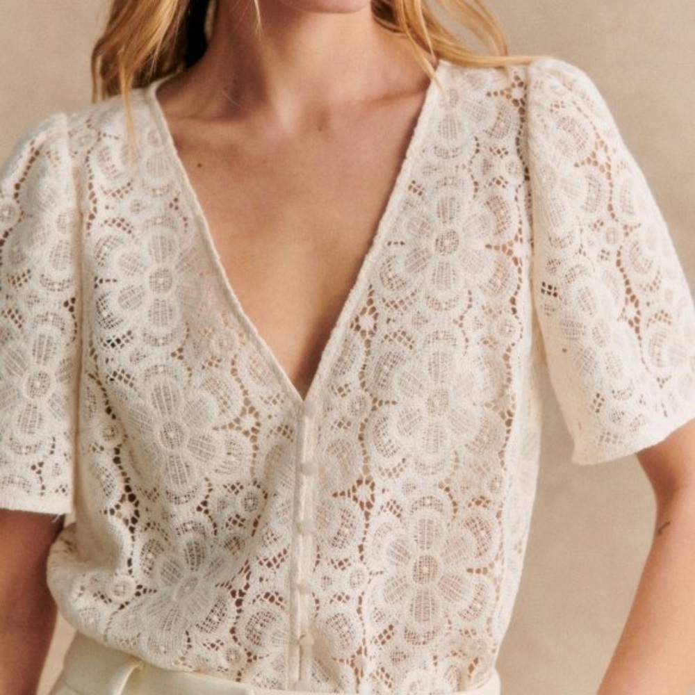 Sezane White Lace Floral Top